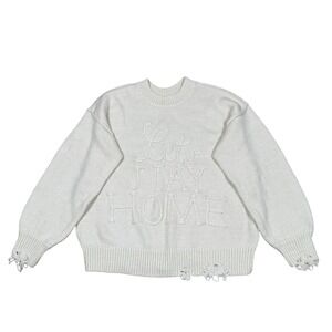Wild Fox Sweater Women's Sz S Ivory Lets Stay Home Knit Oversized Distressed‎